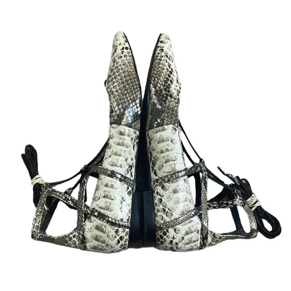 Schutz Beryl Snake Print Lace Up Strappy ‎ Pointy Toe Ballet Flats Size 8